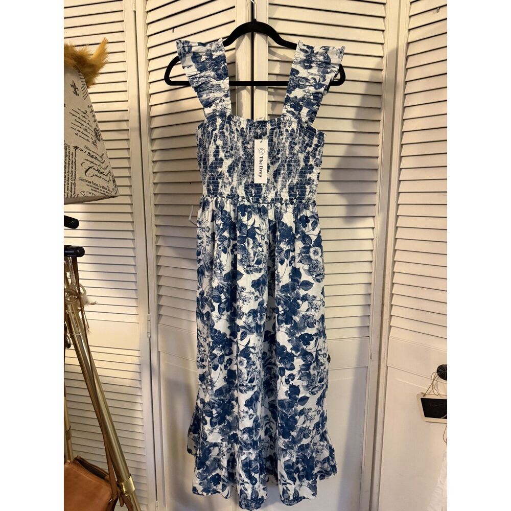 The Drop Kimi Ruffled Shoulder Smocked Midi Dress 100% Cotton NEW small